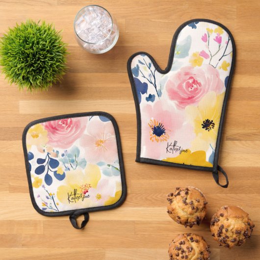 Moderne Waterverf Floral Pattern Ovenwant & Pannenlap Set (Top down)