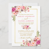 Moderne Waterverf - Floral Pink Blush Gold Wedding Kaart (Voorkant)