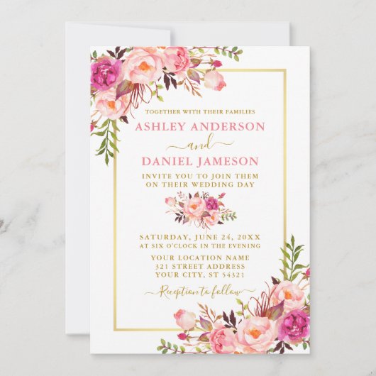 Moderne Waterverf - Floral Pink Blush Gold Wedding Kaart (Voorkant)