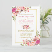 Moderne Waterverf - Floral Pink Blush Gold Wedding Kaart (Staand voorkant)