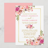 Moderne Waterverf - Floral Pink Blush Gold Wedding Kaart (Voorkant / Achterkant)