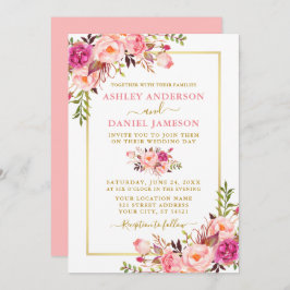 Moderne Waterverf - Floral Pink Blush Gold Wedding Kaart