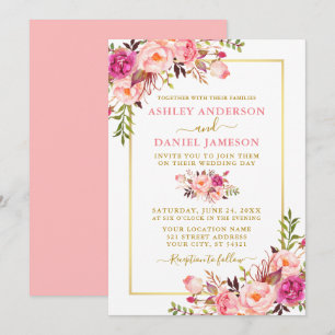 Moderne Waterverf - Floral Pink Blush Gold Wedding Kaart