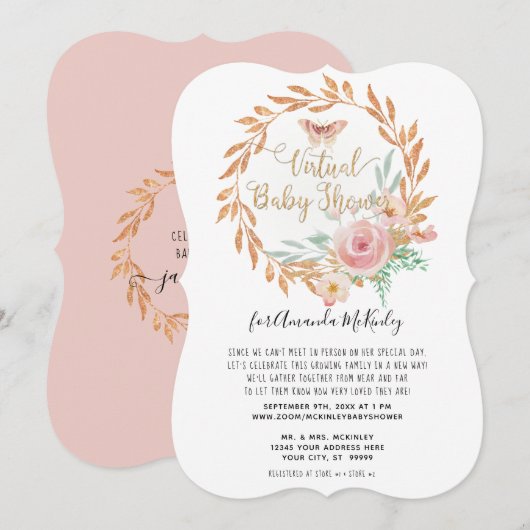 Moderne Waterverf Floral Roos Gold Virtual Shower Kaart (Voorkant / Achterkant)