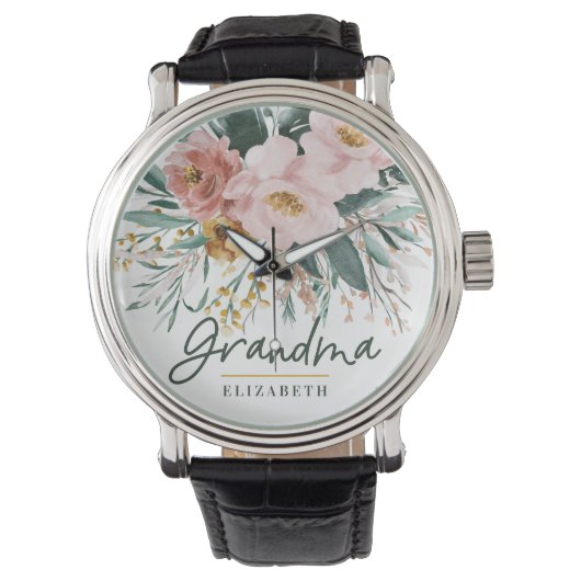 Moderne waterverf floral script elegant oma horloge (Voorkant)