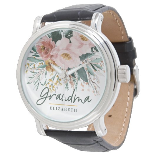 Moderne waterverf floral script elegant oma horloge (Gekanteld)