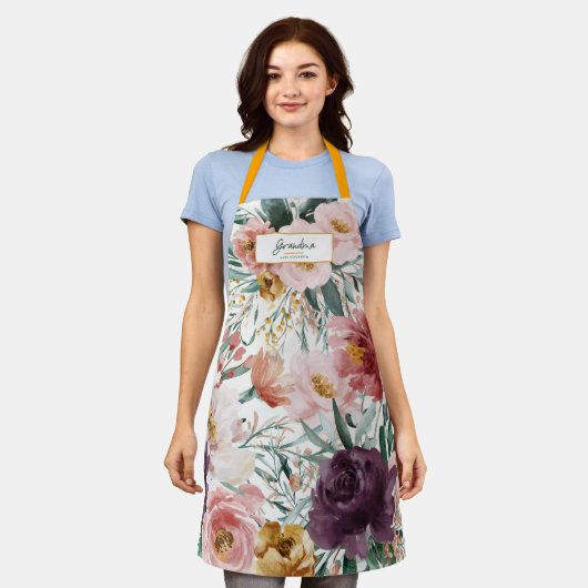 Moderne waterverf floral script elegant oma schort (Gedragen)