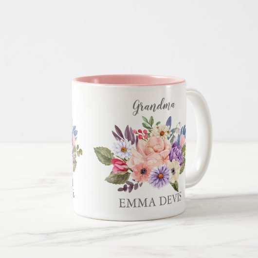 Moderne waterverf floral script elegant oma tweekleurige koffiemok (Voorkant rechts)