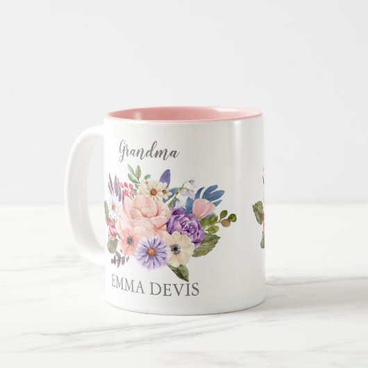 Moderne waterverf floral script elegant oma tweekleurige koffiemok (Voorkant links)
