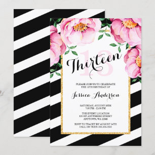 Moderne Waterverf Floral Stripes 13e verjaardag Kaart