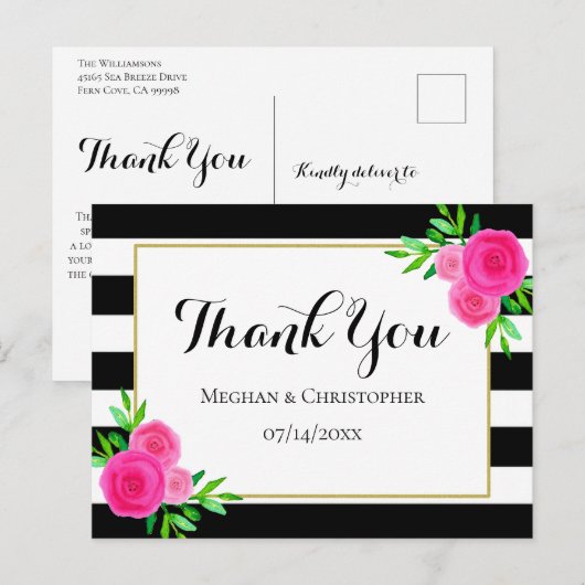 Moderne Waterverf Floral Stripes Bruiloft Dank u Briefkaart (Voorkant / Achterkant)