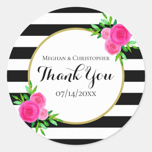 Moderne Waterverf Floral Stripes Bruiloft Dank u Ronde Sticker (Voorkant)