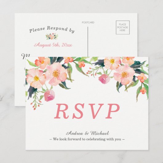 Moderne Waterverf Floral Wedding RSVP Briefkaart (Voorkant / Achterkant)