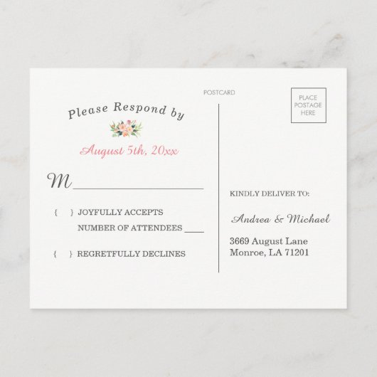 Moderne Waterverf Floral Wedding RSVP Briefkaart (Achterkant)