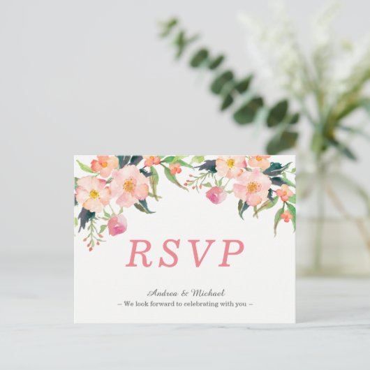 Moderne Waterverf Floral Wedding RSVP Briefkaart (Staand voorkant)