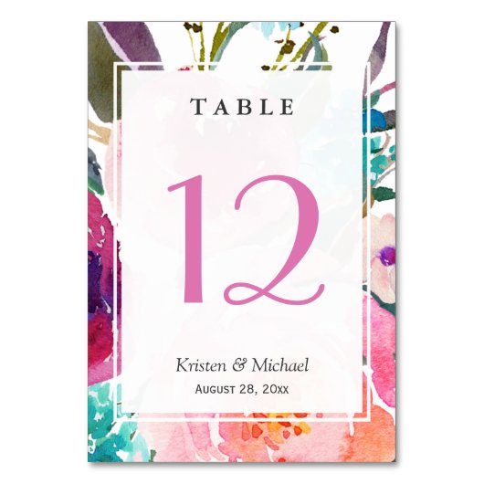Moderne Waterverf Floral Wedding Table Number Kaart (Voorkant)