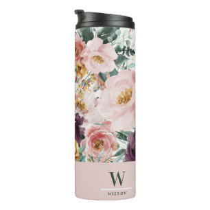 Moderne waterverf florale elegant monogram roze thermosbeker