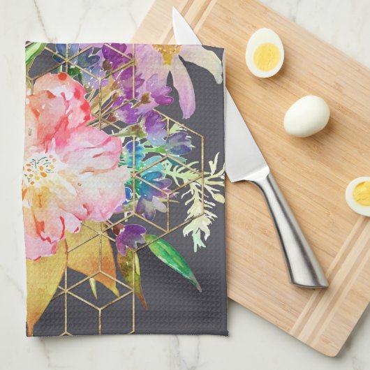 Moderne waterverf florale en gouden geometrische b theedoek (Quarter Fold)