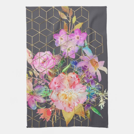 Moderne waterverf florale en gouden geometrische b theedoek (Verticaal)