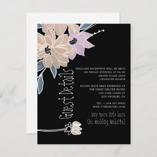 Moderne Waterverf Flowers Wedding Guest Details Informatiekaartje (Voorkant / Achterkant)