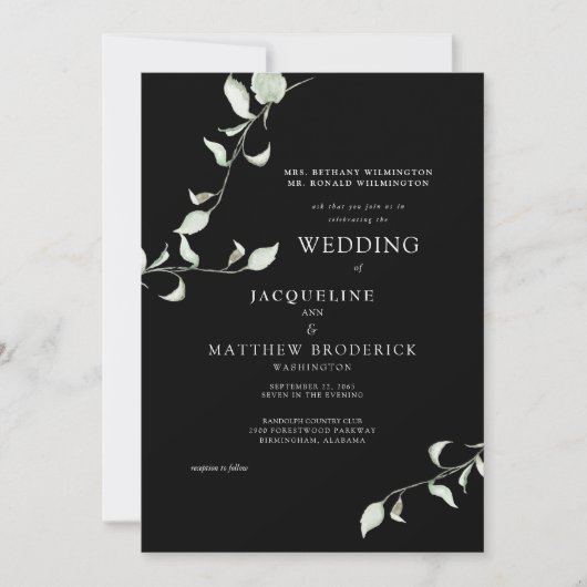 Moderne Waterverf Foliage Black Wedding Invitation Kaart (Voorkant)