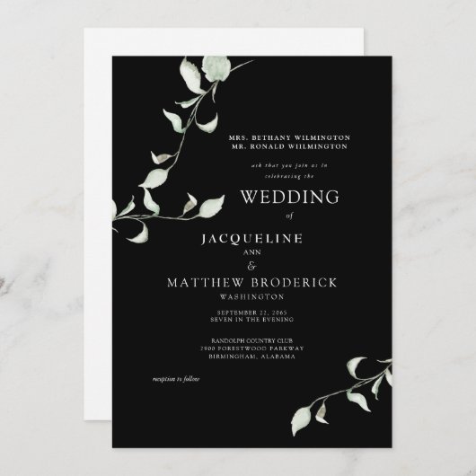 Moderne Waterverf Foliage Black Wedding Invitation Kaart (Voorkant / Achterkant)