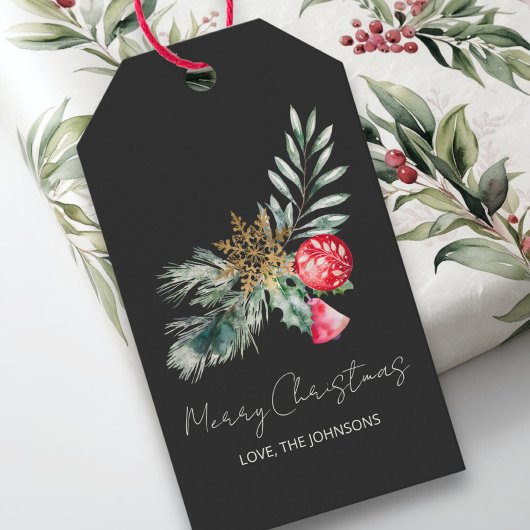 Moderne Waterverf Foliage Naam Vrolijk Kerstfeest Cadeaulabel