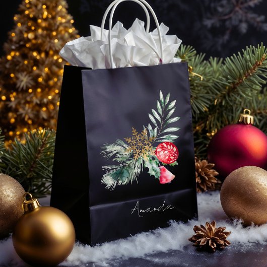 Moderne Waterverf Foliage Naam Vrolijk Kerstfeest Medium Cadeauzakje