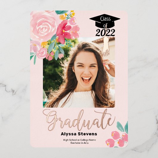 Moderne waterverf foto's afstuderen folie uitnodiging (Voorkant)