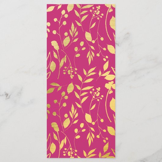Moderne Waterverf Fuchsia Gold Floral Wedding Menu (Achterkant)