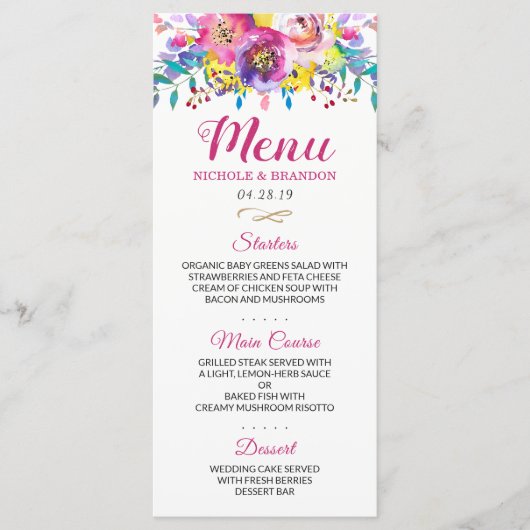 Moderne Waterverf Fuchsia Gold Floral Wedding Menu (Voorkant)
