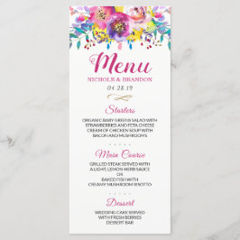 Moderne Waterverf Fuchsia Gold Floral Wedding Menu