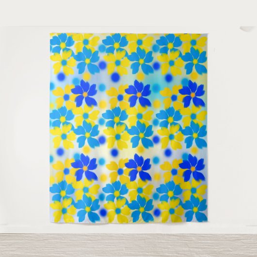 Moderne Waterverf Geel en Blauwe Bloemen Bosbouw Wandkleed (Voorkant)