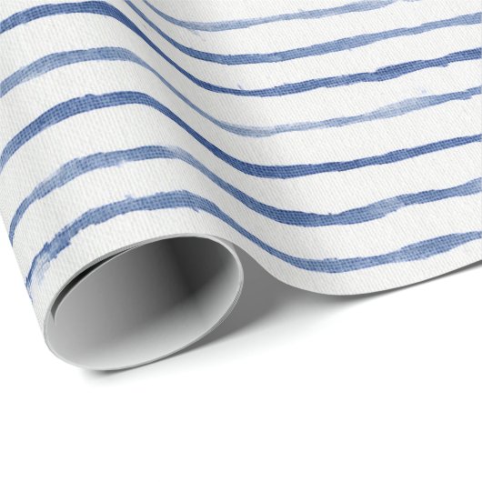Moderne Waterverf Gestreept Patroon Blauw en Wit Cadeaupapier (Rol Hoek)