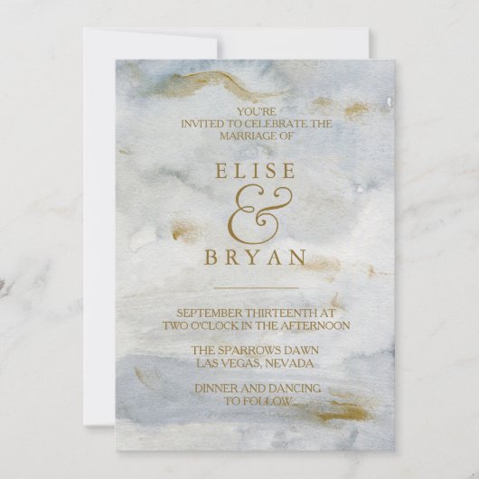Moderne Waterverf Gold Blue Marble Wedding Invite Kaart (Voorkant)