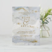 Moderne Waterverf Gold Blue Marble Wedding Invite Kaart (Staand voorkant)