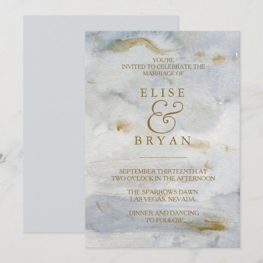 Moderne Waterverf Gold Blue Marble Wedding Invite Kaart (Voorkant / Achterkant)