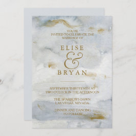 Moderne Waterverf Gold Blue Marble Wedding Invite Kaart