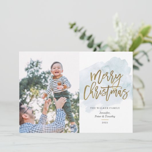 Moderne Waterverf Gold Foil Script Calligraphy Hol Feestdagenkaart (Staand voorkant)