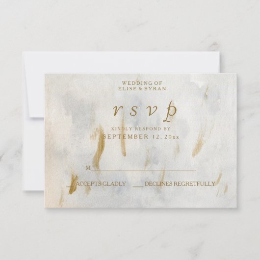 Moderne Waterverf Gold White marmer Wedding RSVP (Voorkant)