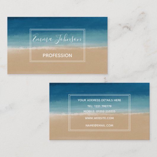 Moderne Waterverf goudblauw strand Visitekaartje (Voorkant / Achterkant)