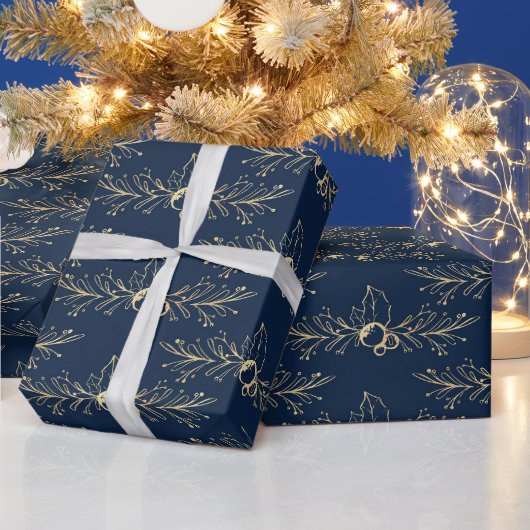 Moderne Waterverf gouden kerst Holly Blue Cadeaupapier (Feestdagen)