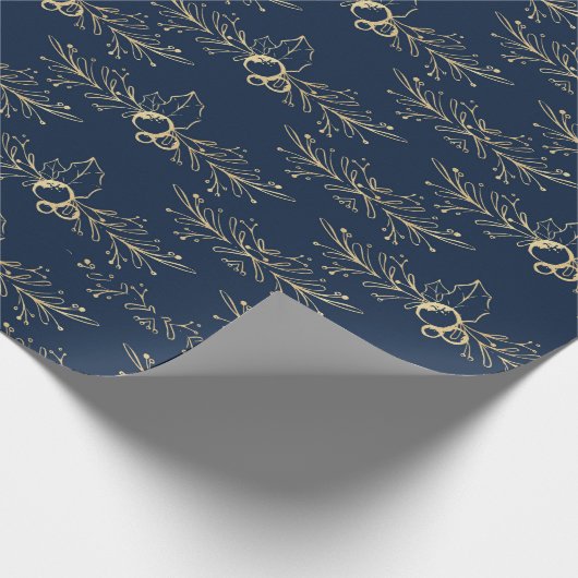 Moderne Waterverf gouden kerst Holly Blue Cadeaupapier (Hoek)