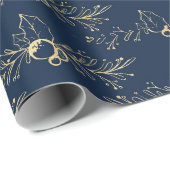 Moderne Waterverf gouden kerst Holly Blue Cadeaupapier (Rol Hoek)