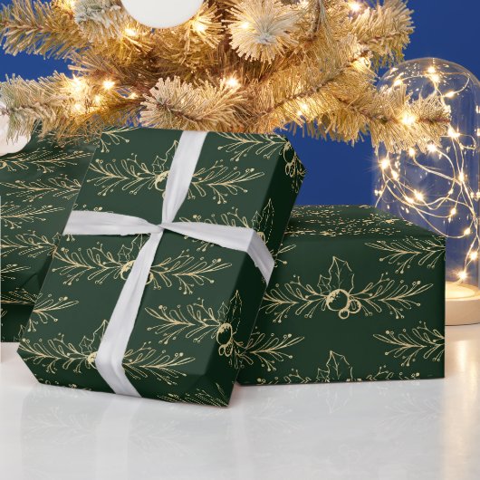 Moderne Waterverf gouden kerst Holly Green Cadeaupapier (Feestdagen)