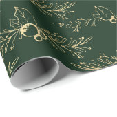Moderne Waterverf gouden kerst Holly Green Cadeaupapier (Rol Hoek)