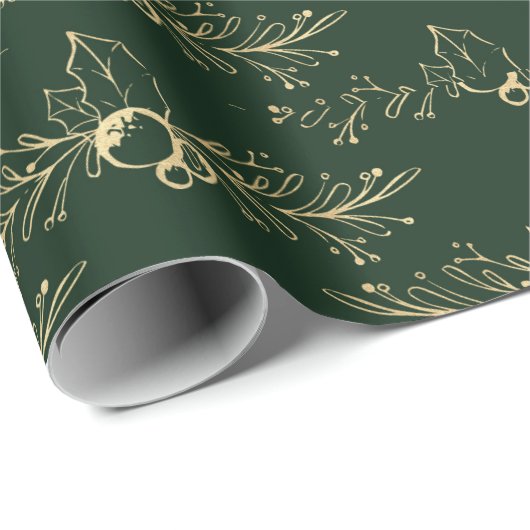 Moderne Waterverf gouden kerst Holly Green Cadeaupapier (Rol Hoek)