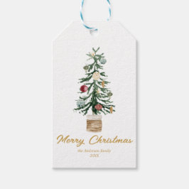 Moderne Waterverf gouden Ornamenten kerstboom Cadeaulabel