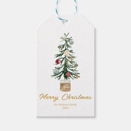 Moderne Waterverf gouden Ornamenten kerstboom Cadeaulabel (Voorkant)