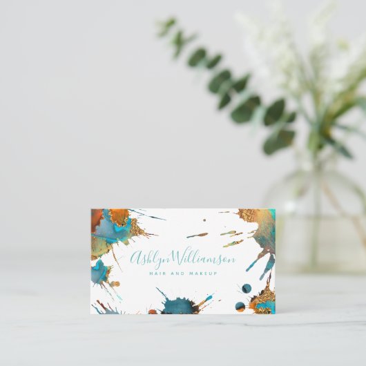 Moderne waterverf goudturquoise oranje splatter visitekaartje (Staand voorkant)